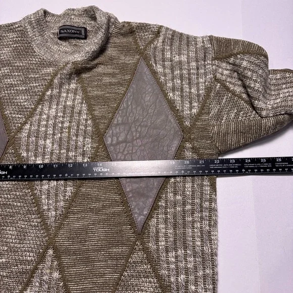 Vintage Saxony Leather Patchwork Sweater Mens Medium Chunky Knit Geometric